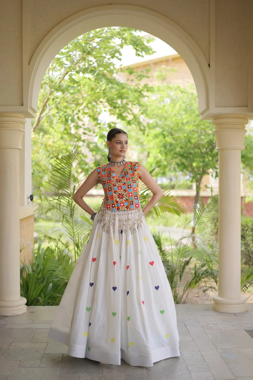 Premium Cora Cotton Navratri Lehenga Choli with Heart Thread Embroidery & Gamthi Mirror Work