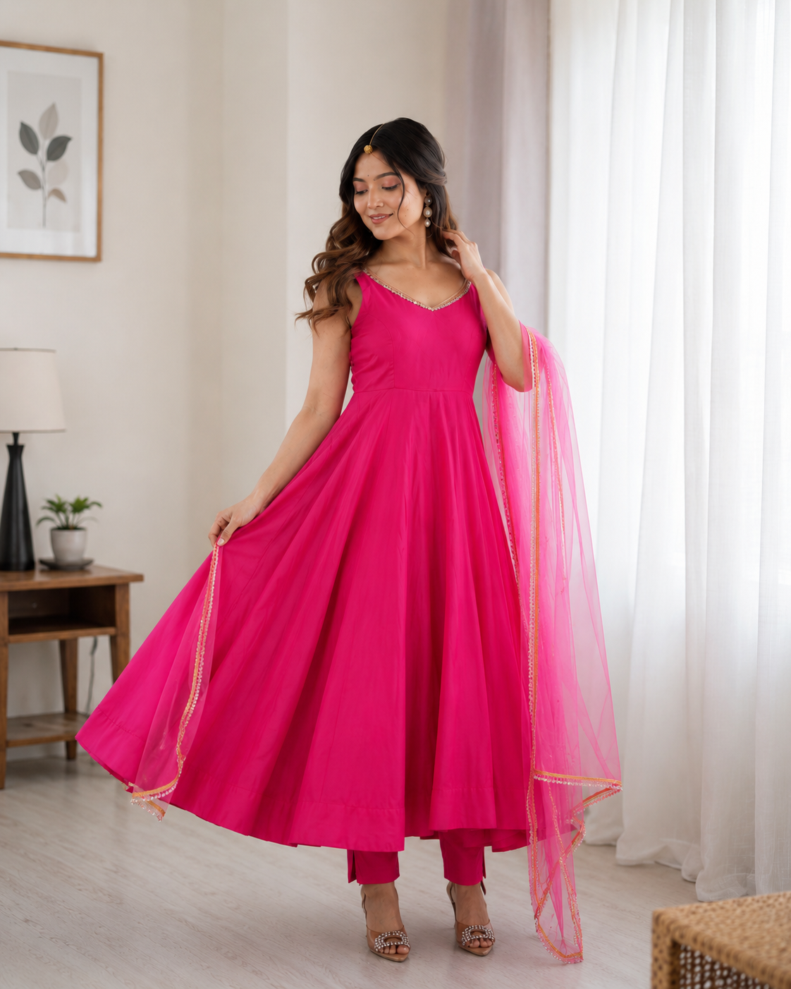 Premium Pure Romansilk Chanderi 4 Meter Flared Anarkali Gown Set