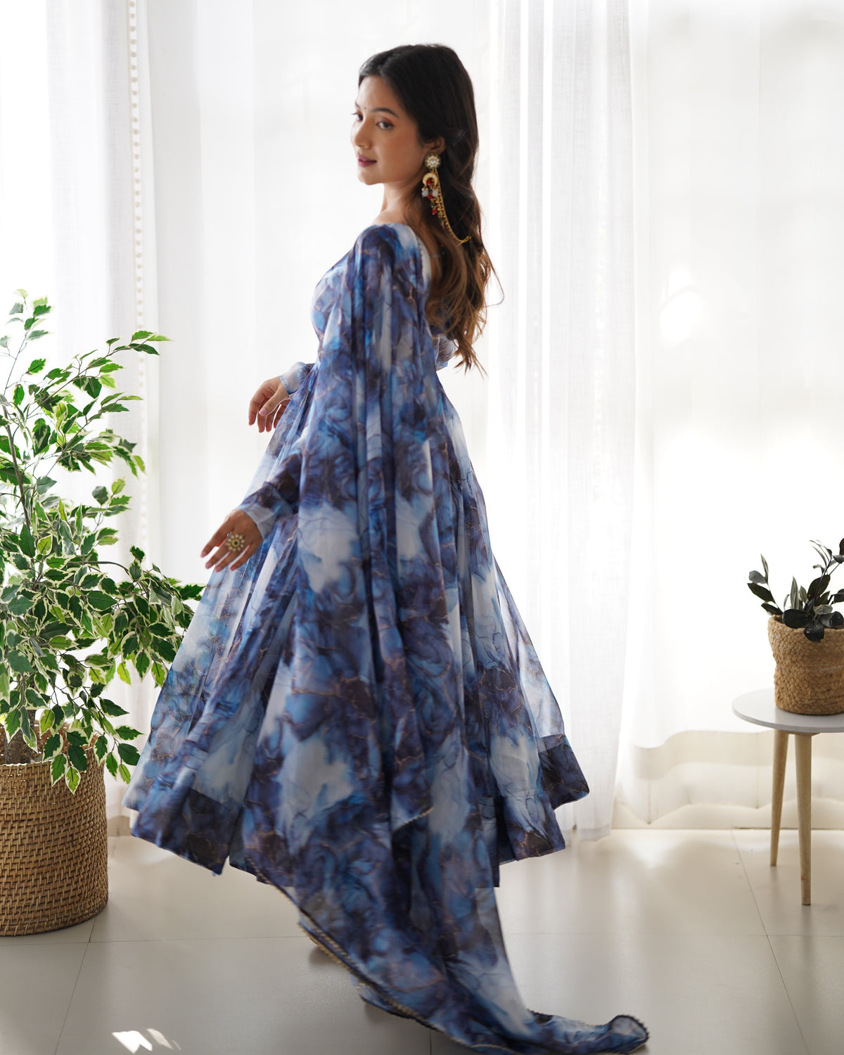 Premium Organza Silk Marble Print Anarkali Gown with Kali Flare, Canvas Patta & Gota Patti Dupatta