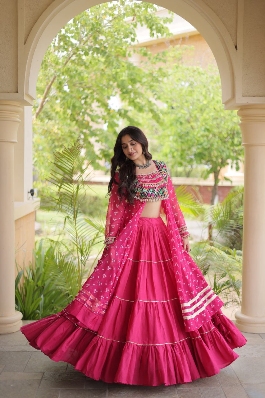 Premium Kora Cotton Navratri Lehenga with Bandhani Print & Kutchi Patchwork Kurti
