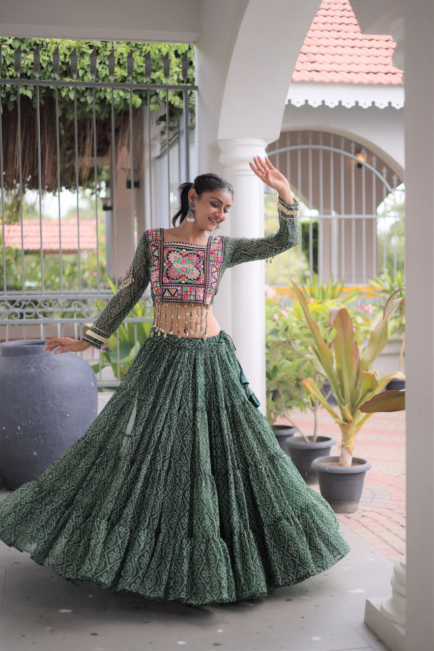 Premium Faux Georgette Bandhani Print Navratri Lehenga Choli with Kutchi Patchwork