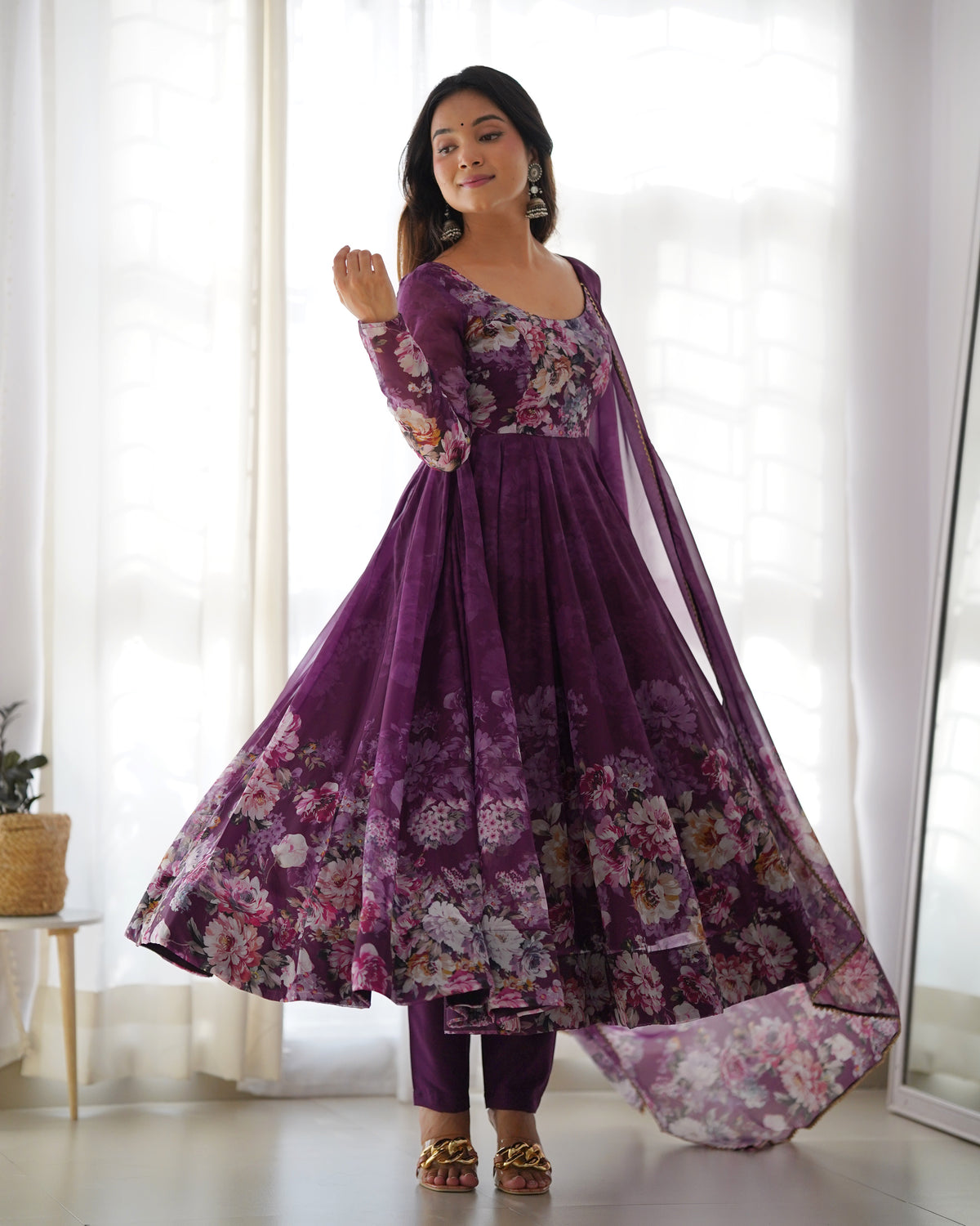 Premium Organza Silk Printed Anarkali Gown with Kali Flare, Canvas Patta & Gota Patti Dupatta