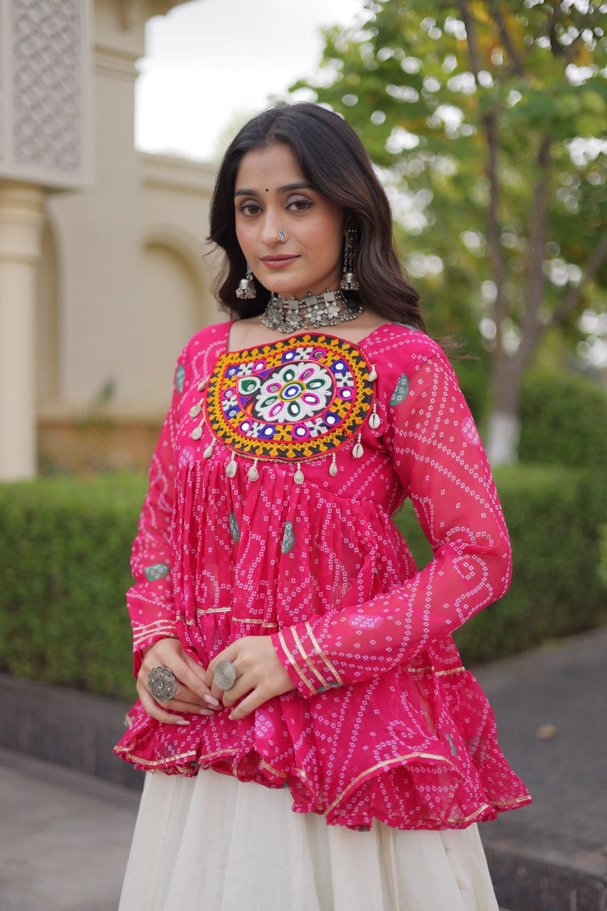 Premium Kora Cotton Navratri Lehenga Choli with Gota Lace & Bandhani Kutchi Gamthi Work