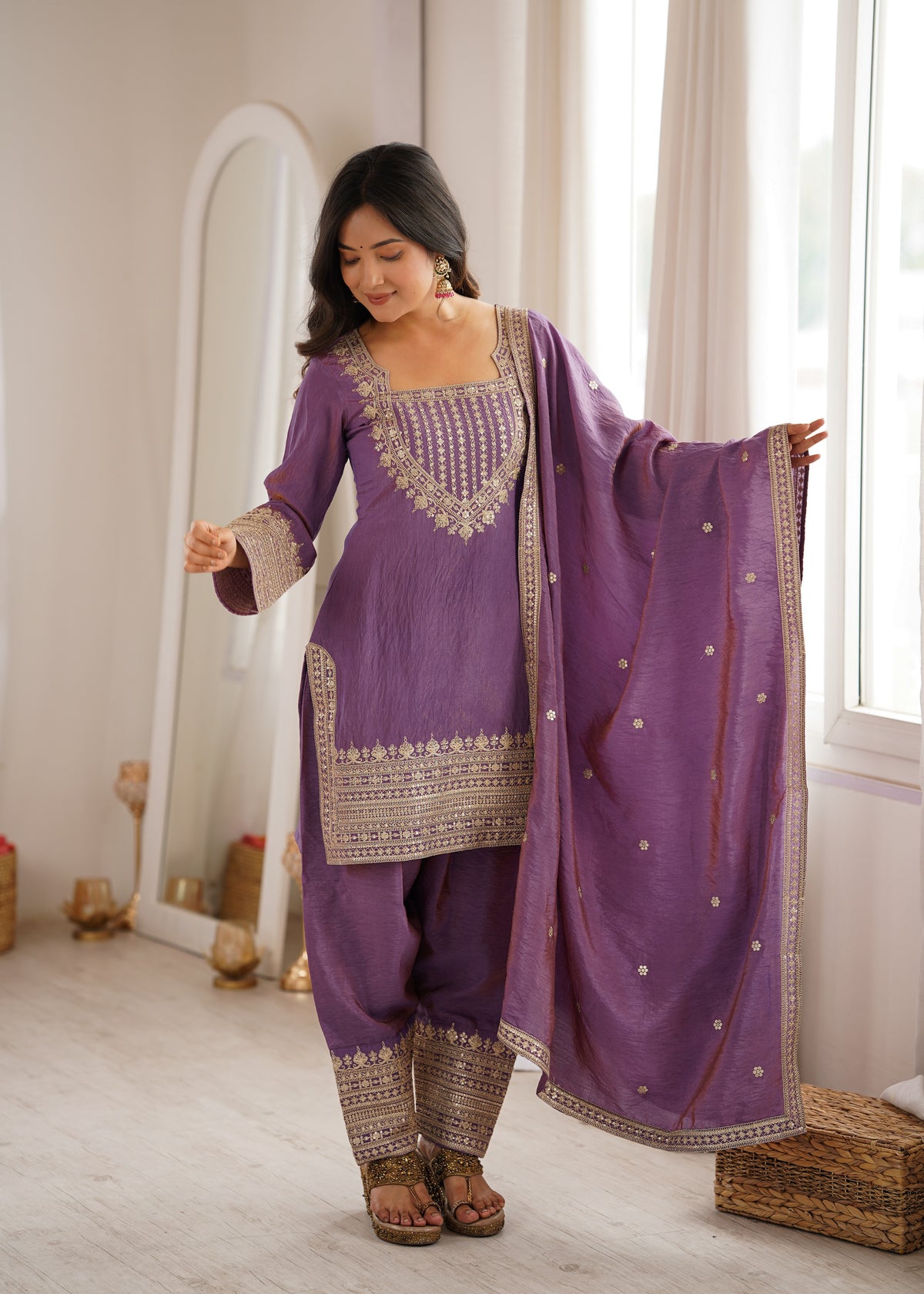 Premium NC Vichitra Silk Top & Farshi Shalwar Set with Embroidery, Dori & Jari Work