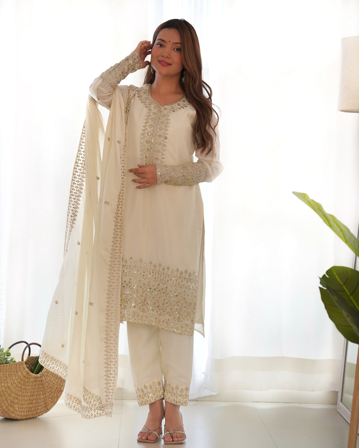 Premium Chinon Silk Straight Fit Kurta Set with Embroidery, Sequin & Jari Work