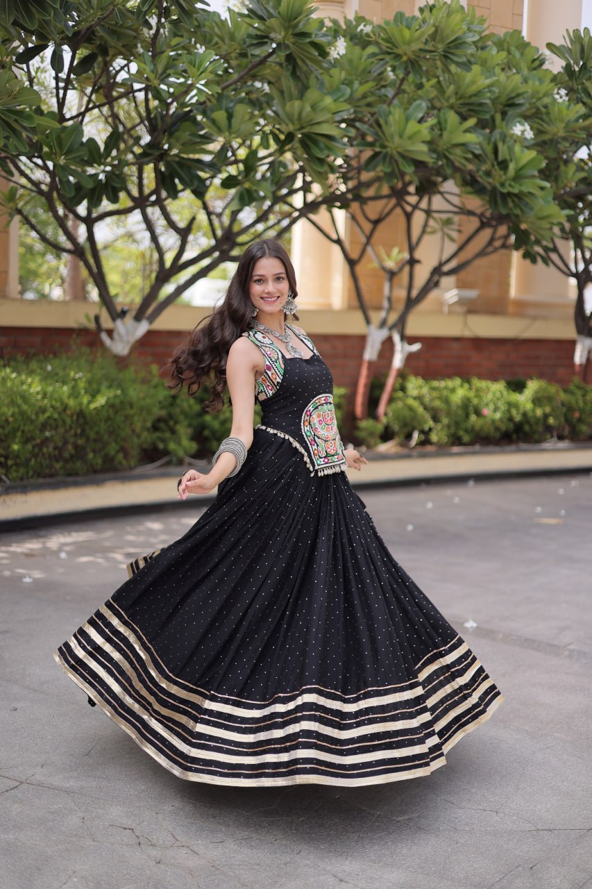 Reyon Navratri Lehenga Choli with Mukesh & Gamthi Mirror Work