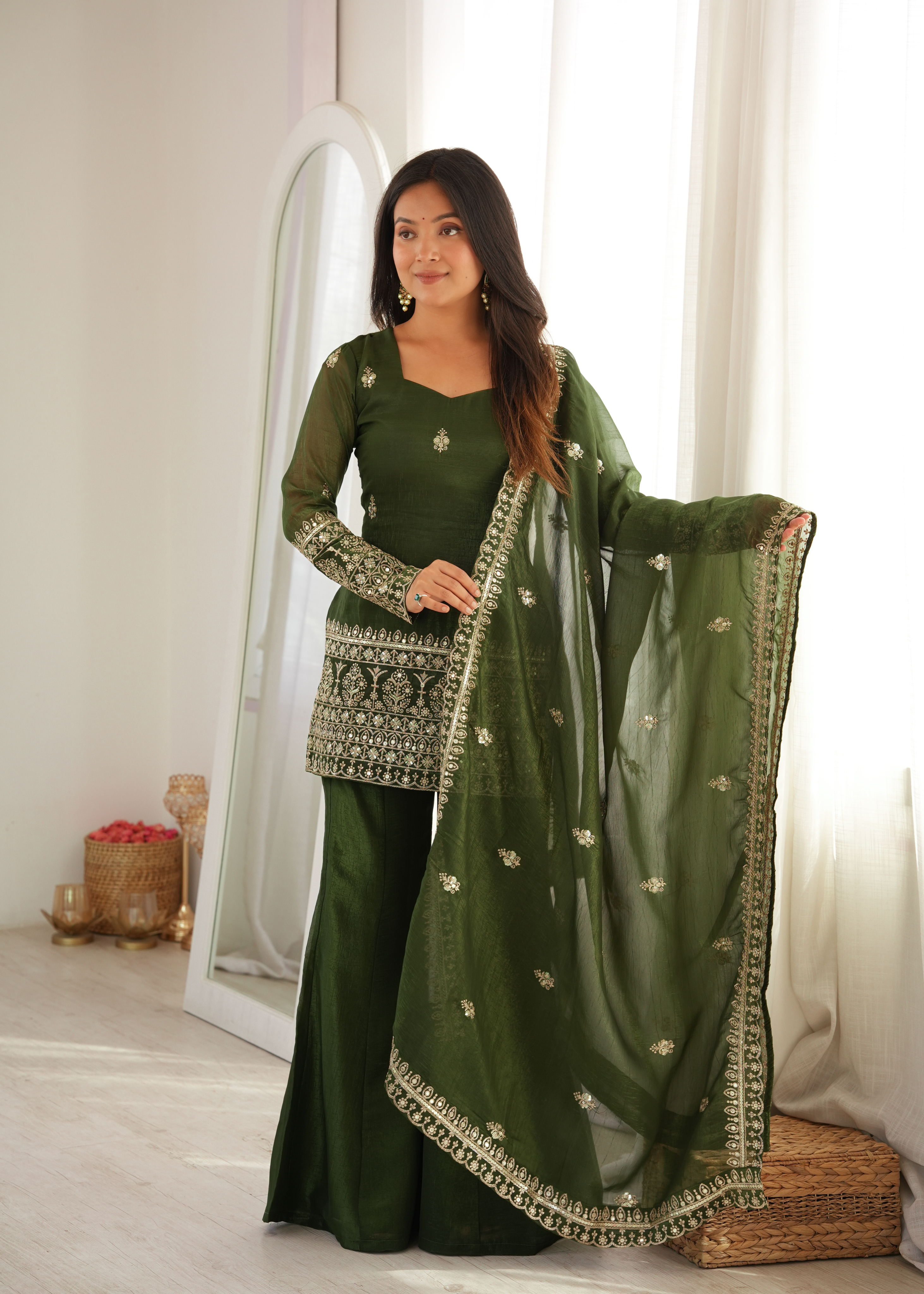 Premium Crunchy Silk Embroidered Bell Bottom Set