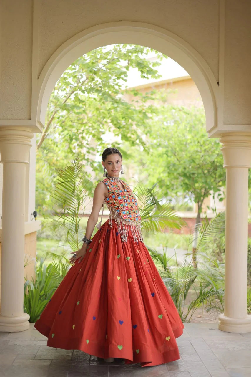 Premium Cora Cotton Navratri Lehenga Choli with Heart Thread Embroidery & Gamthi Mirror Work