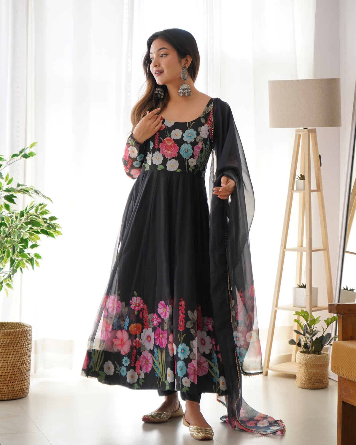 Premium Organza Silk Printed Anarkali Suit Set with Badla Jari & Gota Patti Work