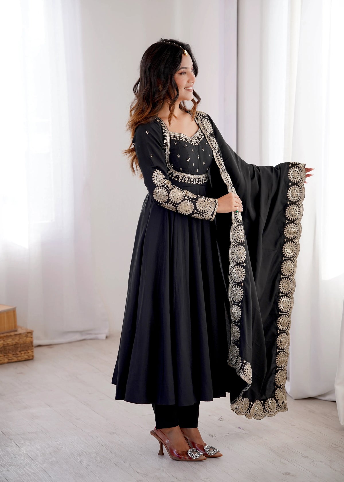Premium Roman Silk Anarkali Gown with Embroidery & Sequin Work