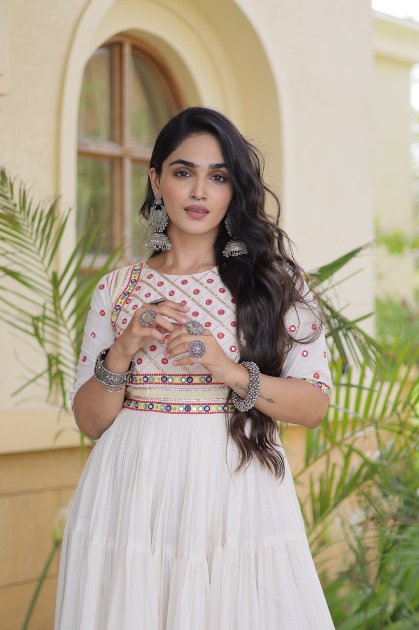 Premium Kora Cotton Embroidered Navratri Gown with Gota Patti & Mirror Work | ByRavina