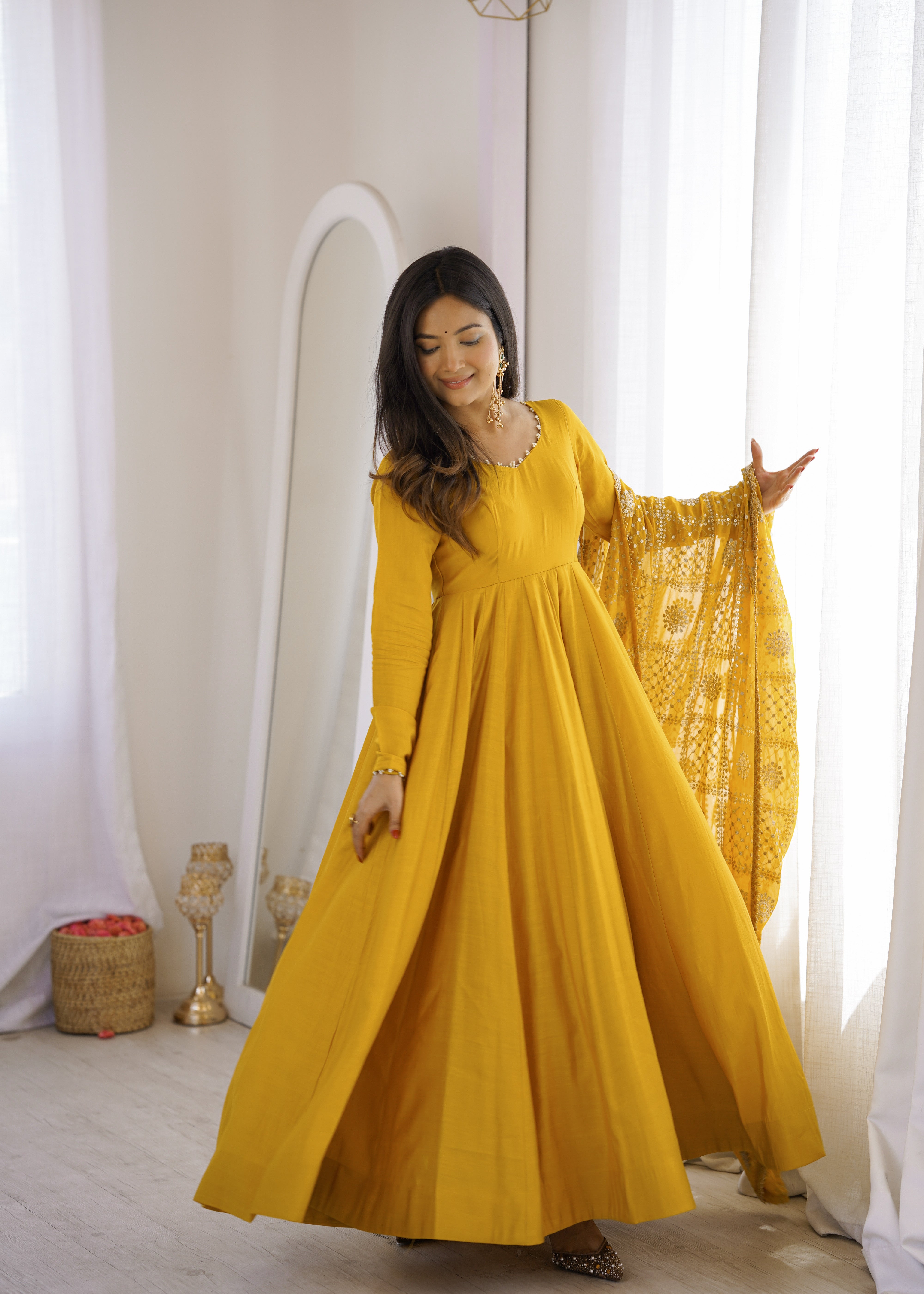 Premium Pure Romansilk Chanderi Fully Flared Anarkali Gown Set