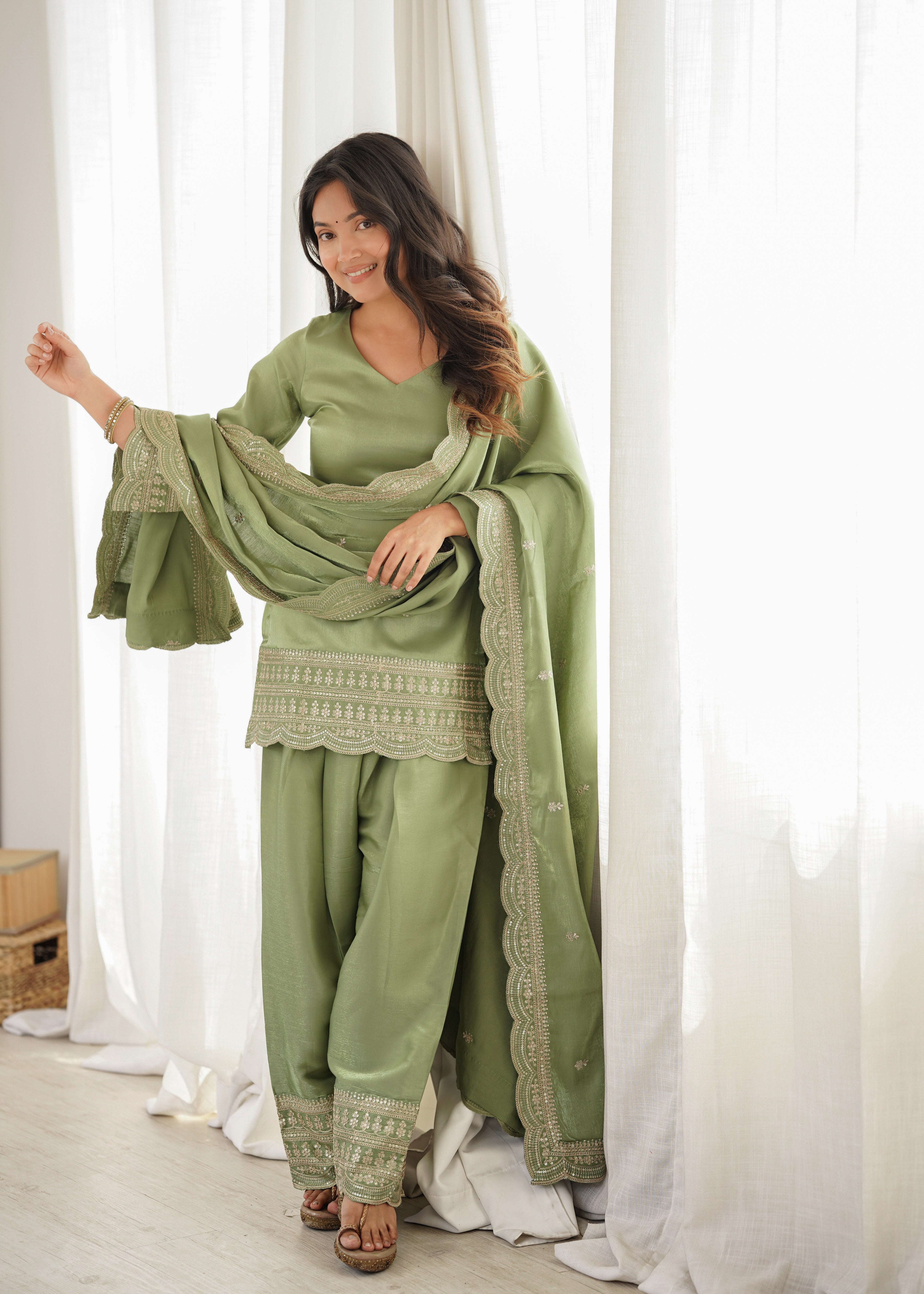 Premium Glass Roman Silk Embroidered Farshi Shalwar Set with Dupatta