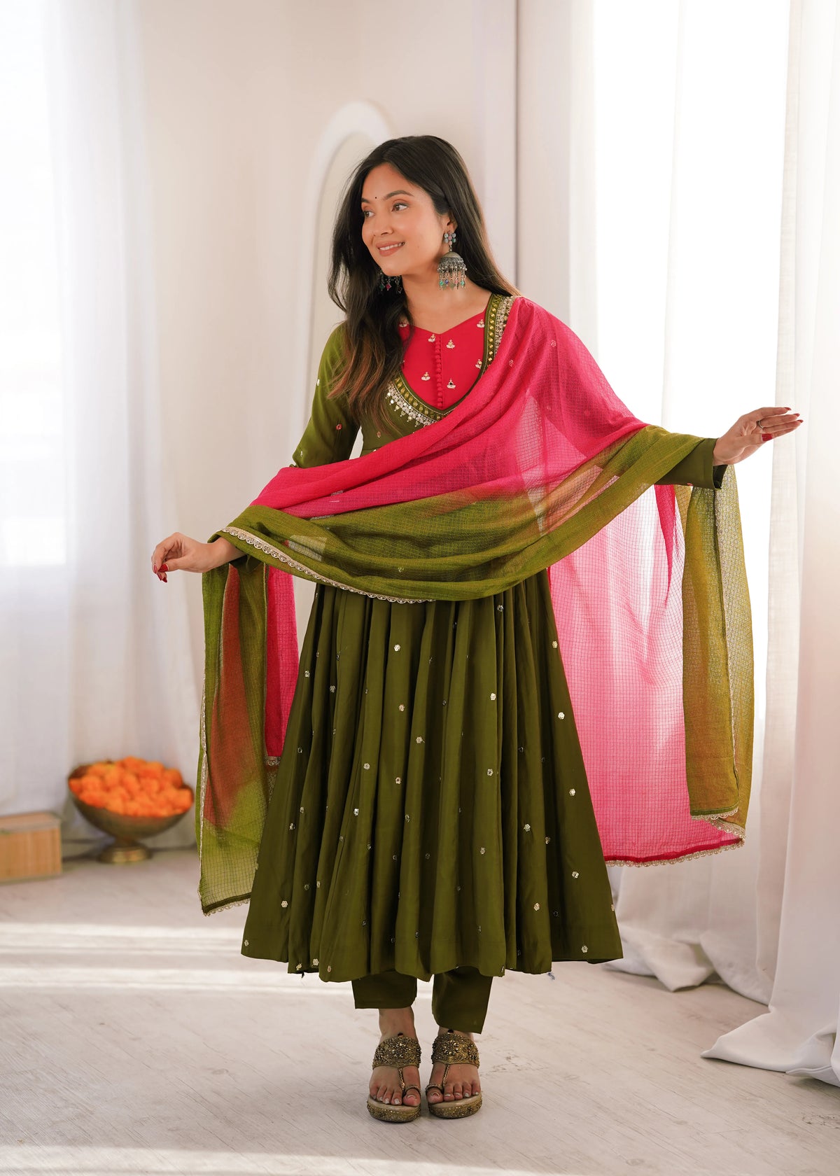 Premium Roman Silk Anarkali Gown with Embroidery, Sequin & Real Mirror Work