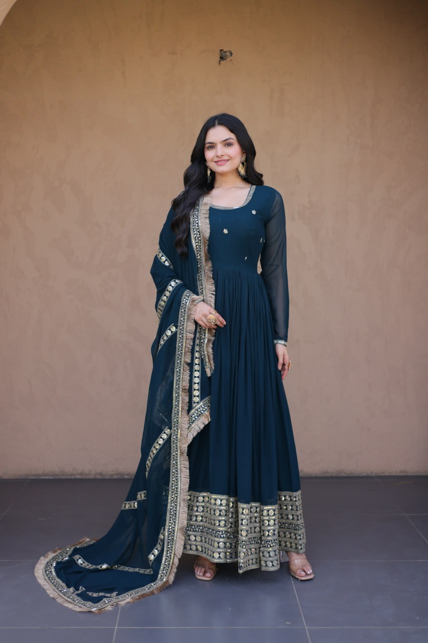 Premium Faux Blooming Embroidered Gown with Dupatta