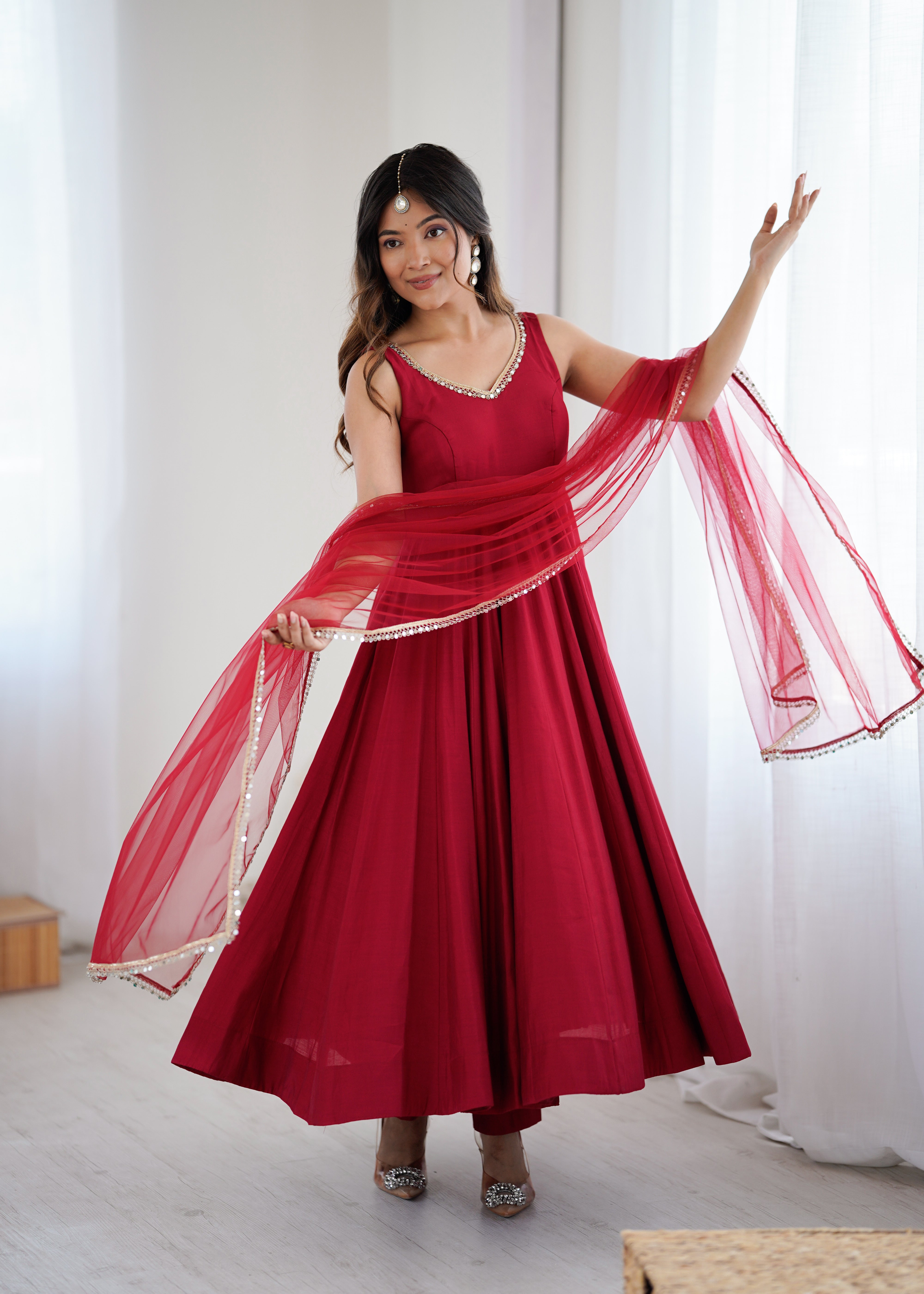 Premium Pure Romansilk Chanderi 4 Meter Flared Anarkali Gown Set