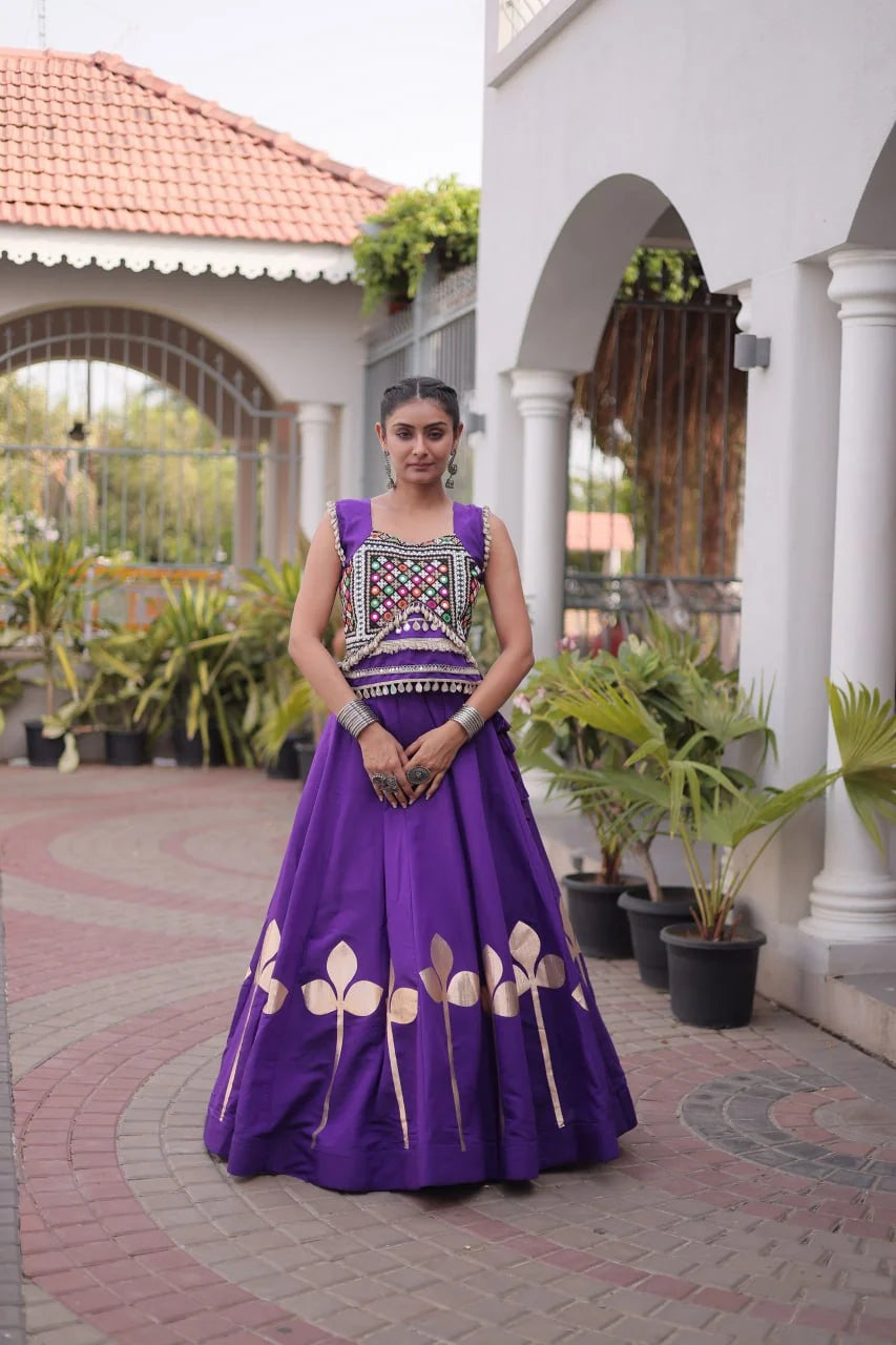 Premium Roman Silk Navratri Lehenga Choli with Pan-Patti Gota & Mirror Lace Work