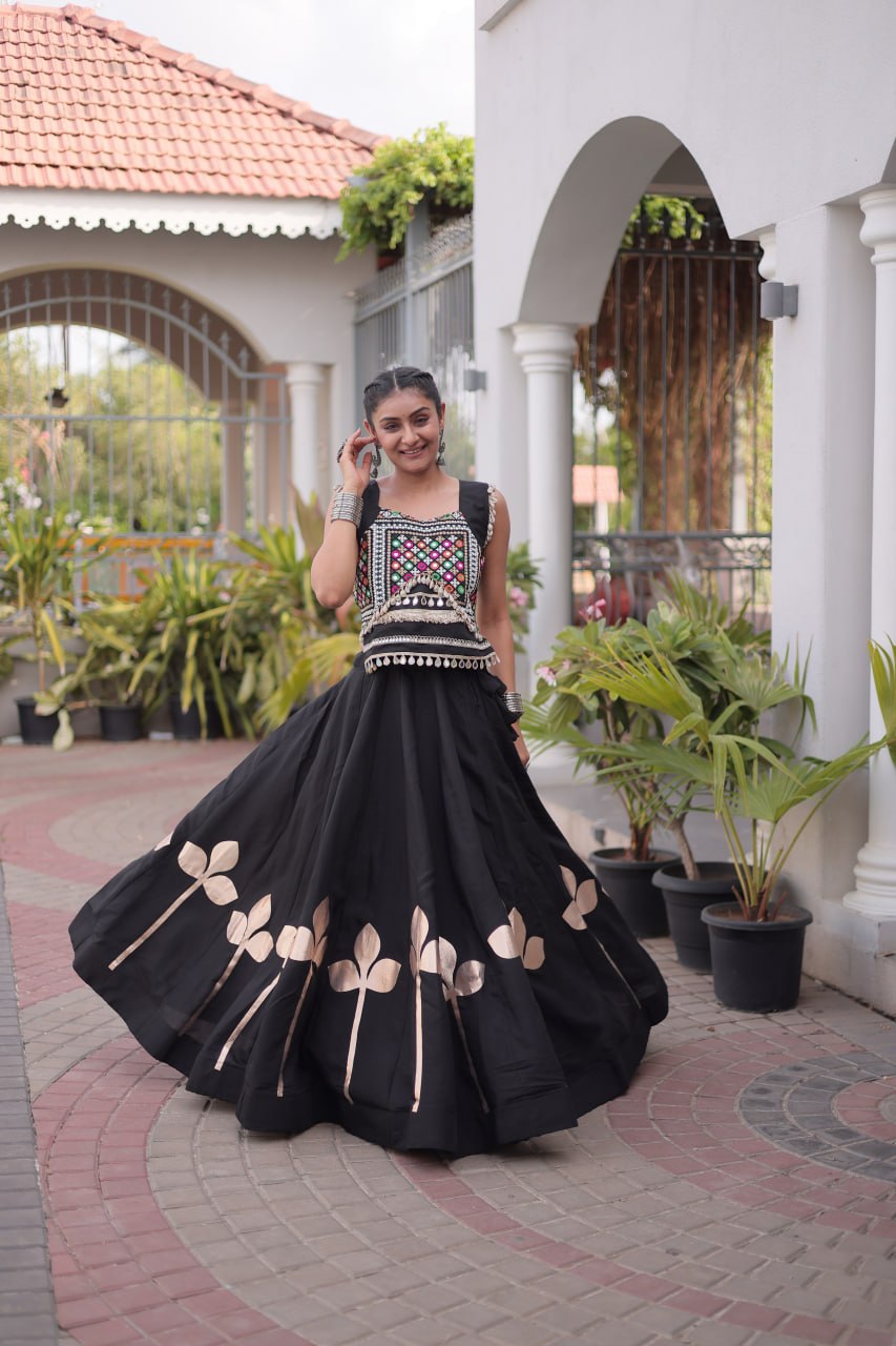 Premium Roman Silk Navratri Lehenga Choli with Pan-Patti Gota & Mirror Lace Work