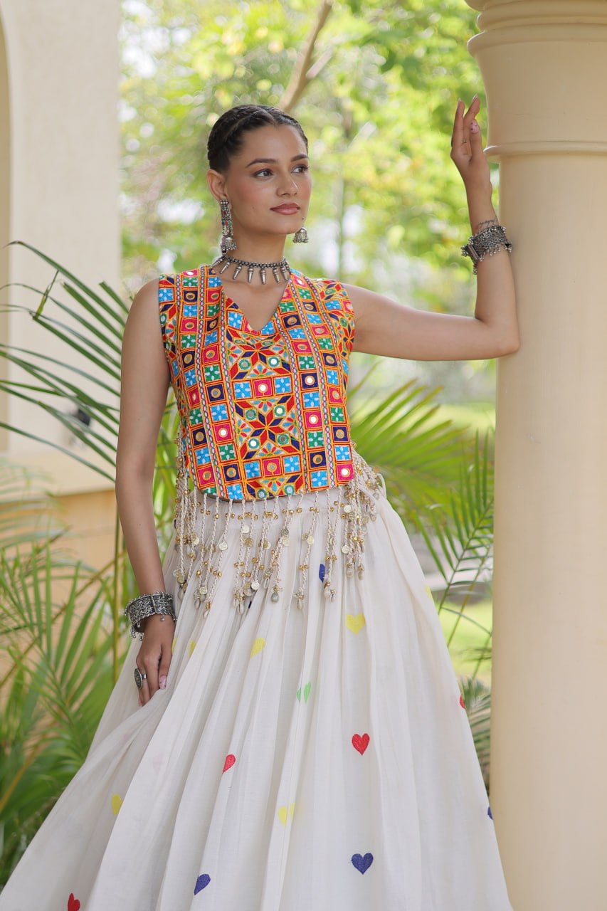 Premium Cora Cotton Navratri Lehenga Choli with Heart Thread Embroidery & Gamthi Mirror Work