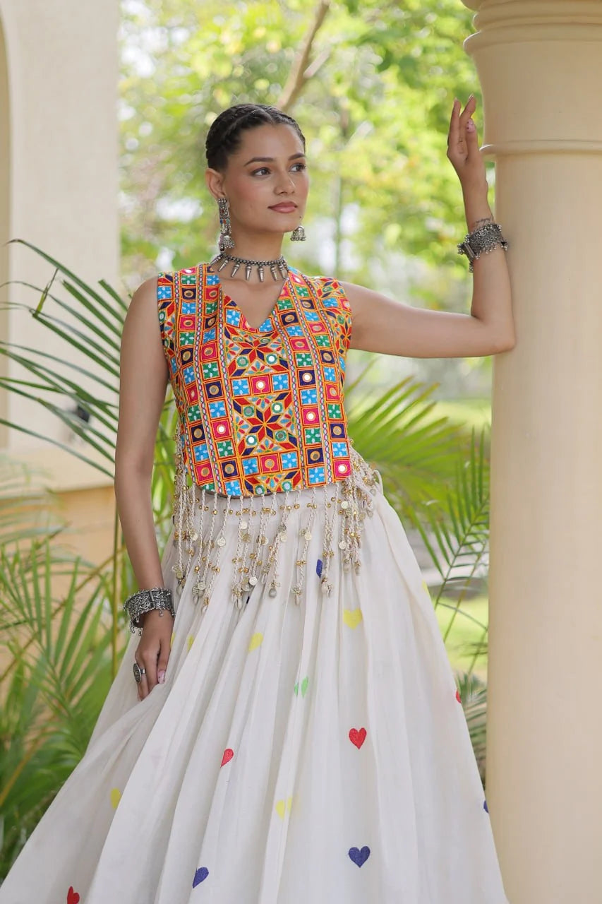 Premium Cora Cotton Navratri Lehenga Choli with Heart Thread Embroidery & Gamthi Mirror Work