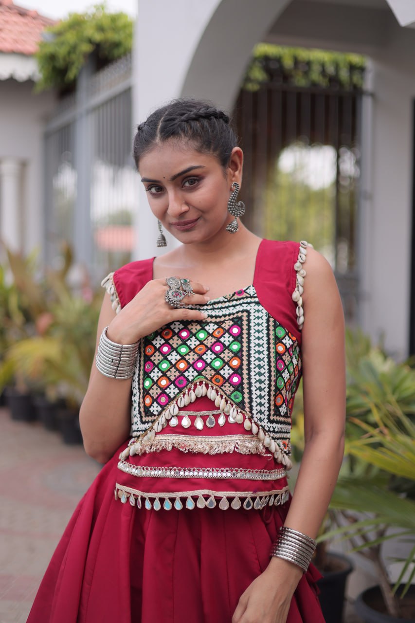 Premium Roman Silk Navratri Lehenga Choli with Pan-Patti Gota & Mirror Lace Work