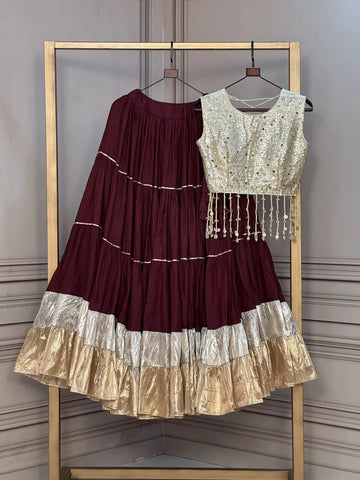 Premium Rayon Navratri Lehenga with Lampi Lace & Gold Organza Mirror Work Blouse
