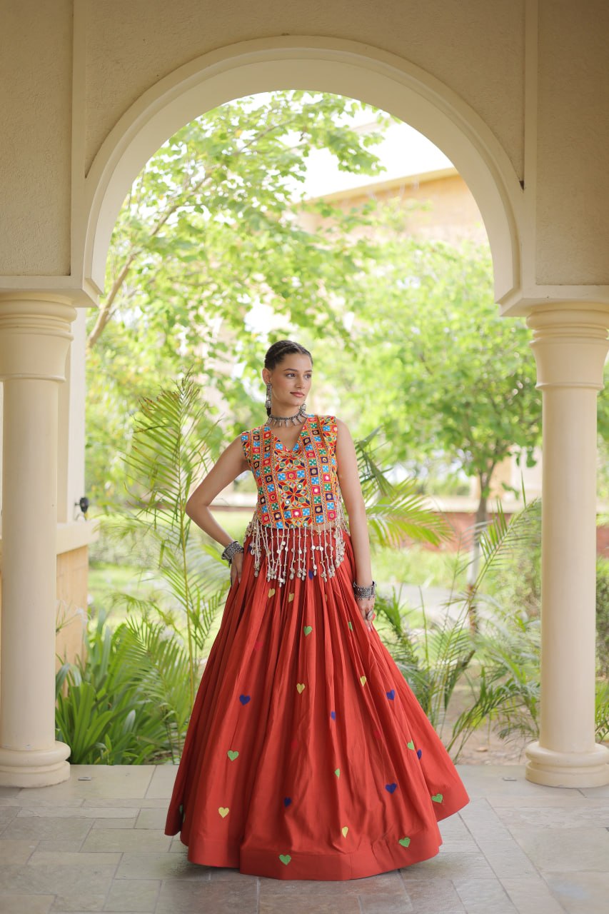 Premium Cora Cotton Navratri Lehenga Choli with Heart Thread Embroidery & Gamthi Mirror Work