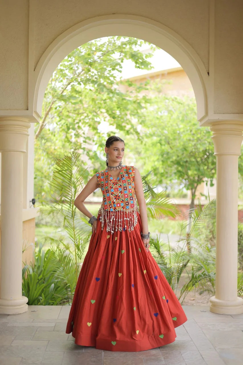 Premium Cora Cotton Navratri Lehenga Choli with Heart Thread Embroidery & Gamthi Mirror Work