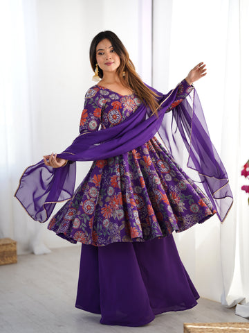 Premium Roman Silk Chanderi Discharge Print Kediya Kurta Set with Organza Dupatta & Palazzo