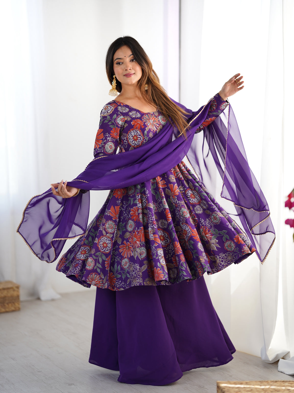 Premium Roman Silk Chanderi Discharge Print Kediya Kurta Set with Organza Dupatta & Palazzo