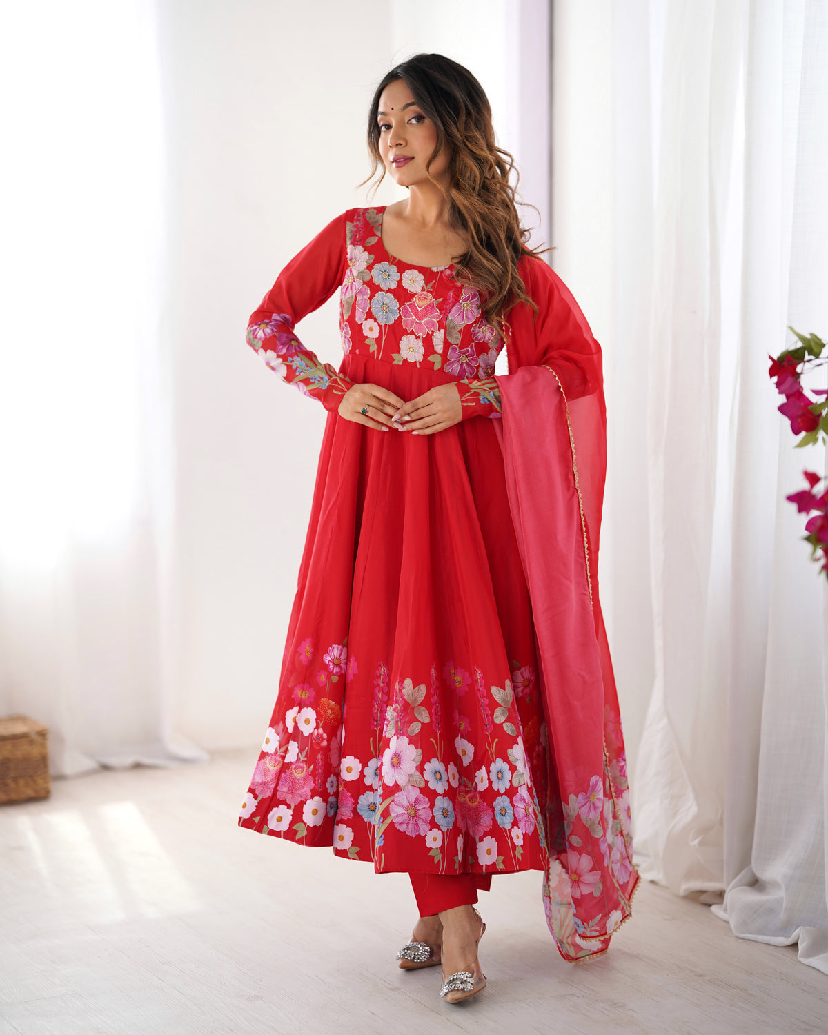 Premium Organza Silk Printed Anarkali Suit Set with Badla Jari & Gota Patti Work