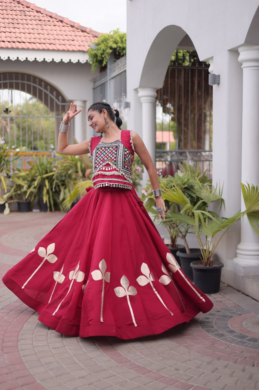 Premium Roman Silk Navratri Lehenga Choli with Pan-Patti Gota & Mirror Lace Work
