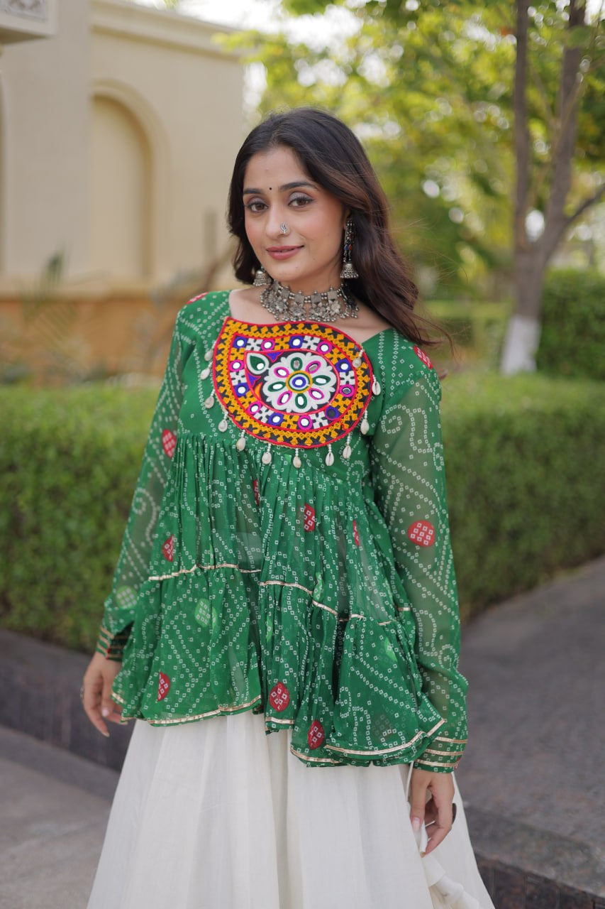 Premium Kora Cotton Navratri Lehenga Choli with Gota Lace & Bandhani Kutchi Gamthi Work