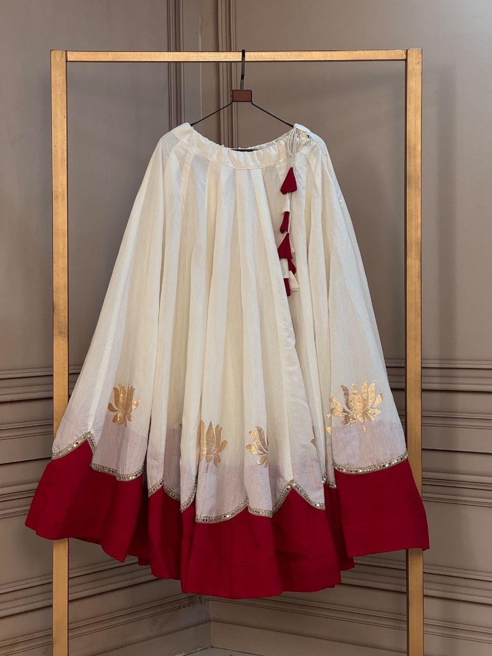 Premium Roman Fabric Navratri Lehenga with Lotus Gota & Mirror Lace Work | ByRavina-7172