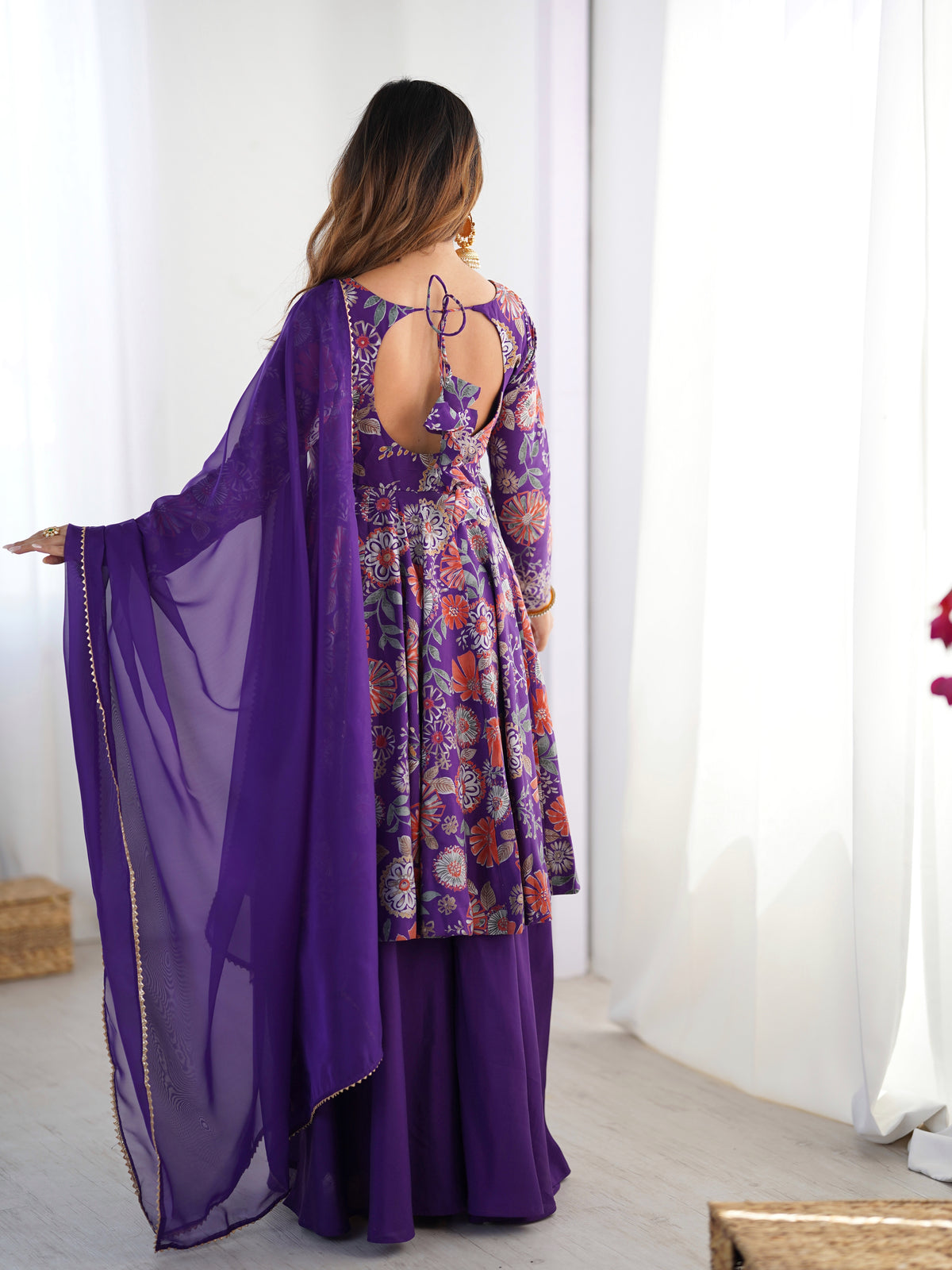 Premium Roman Silk Chanderi Discharge Print Kediya Kurta Set with Organza Dupatta & Palazzo