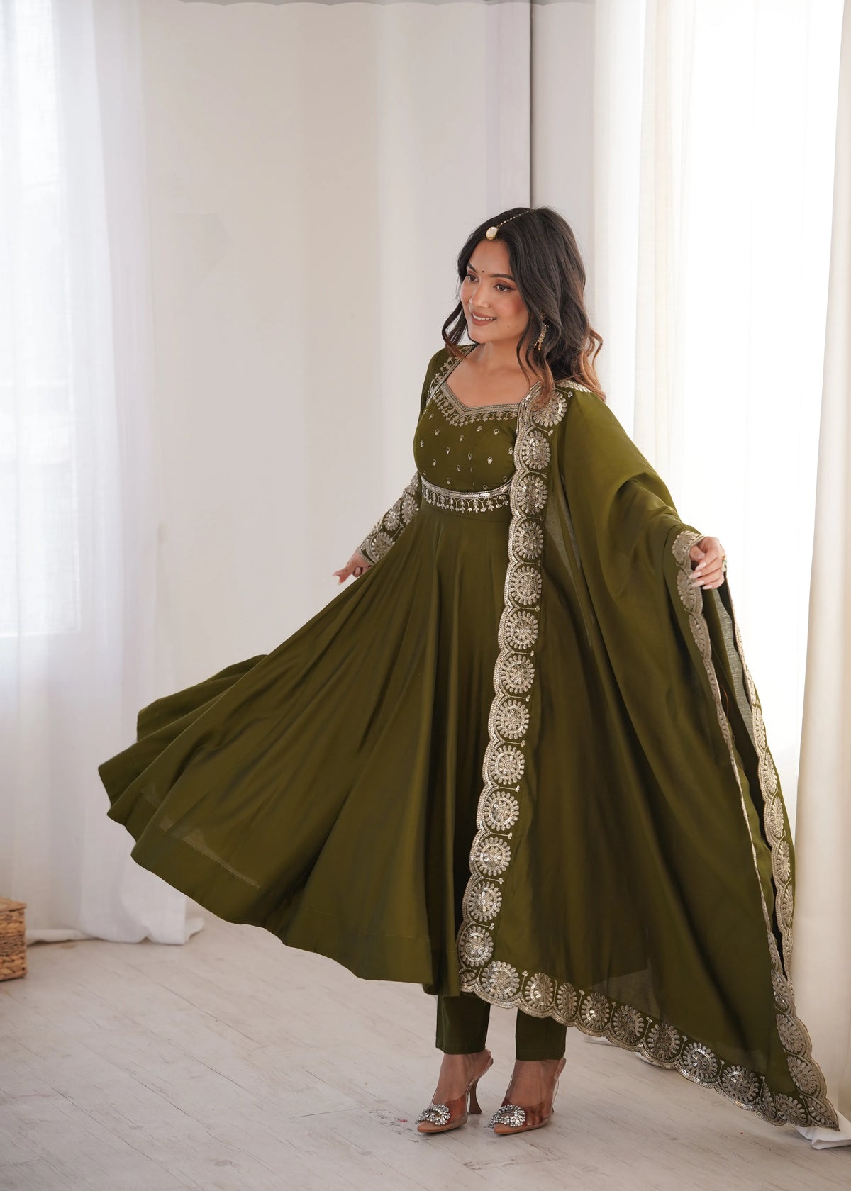 Premium Roman Silk Anarkali Gown with Embroidery & Sequin Work