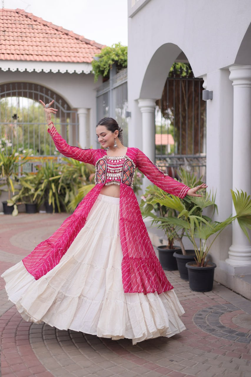 Premium Kora Cotton Navratri Lehenga with Laheriya Print & Kutchi Patchwork Kurti