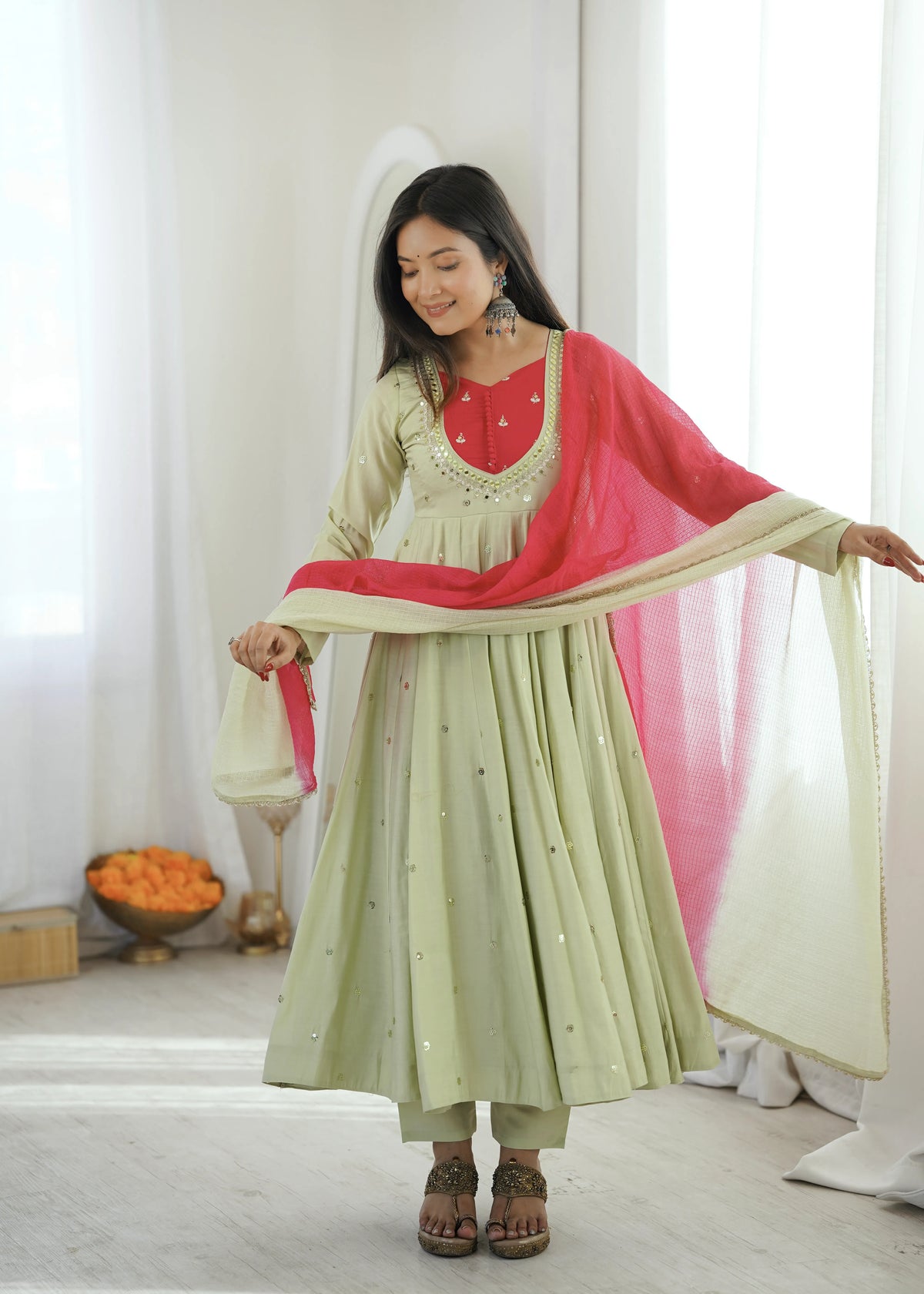 Premium Roman Silk Anarkali Gown with Embroidery, Sequin & Real Mirror Work