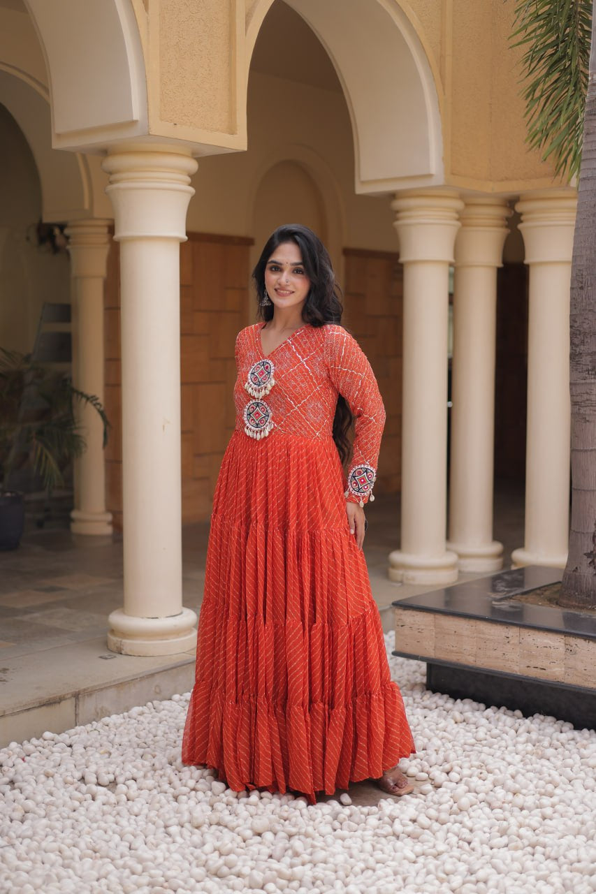 Premium Faux Georgette Navratri Gown with Laheriya Print & Kutchi Patchwork