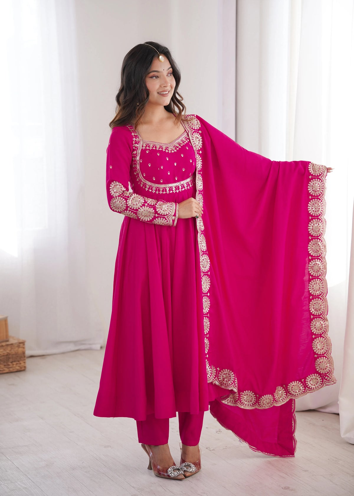 Premium Roman Silk Anarkali Gown with Embroidery & Sequin Work