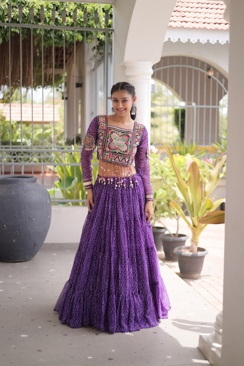 Premium Faux Georgette Bandhani Print Navratri Lehenga Choli with Kutchi Patchwork