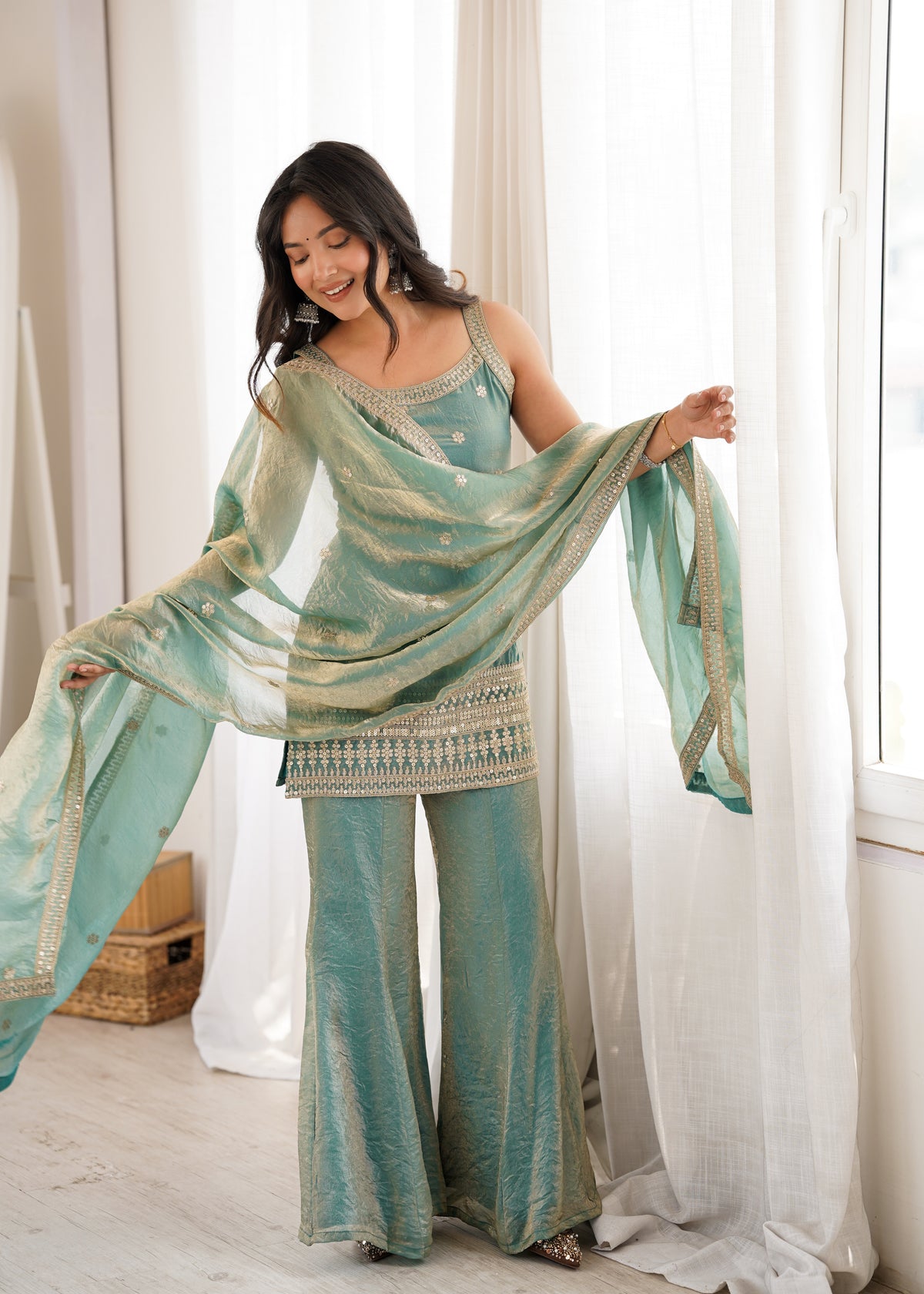 Premium Frendy Silk Embroidered Top & Bell Bottom Set with Dupatta