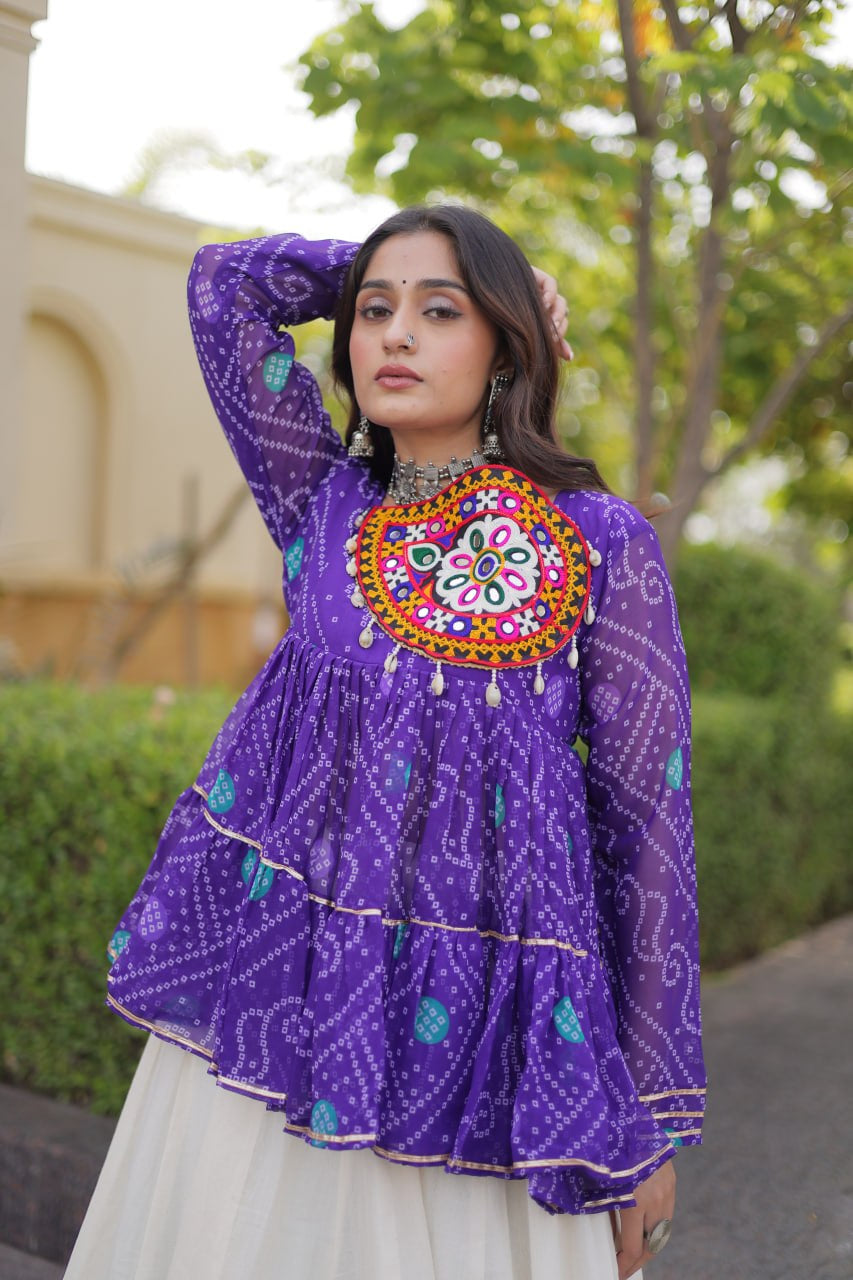 Premium Kora Cotton Navratri Lehenga Choli with Gota Lace & Bandhani Kutchi Gamthi Work