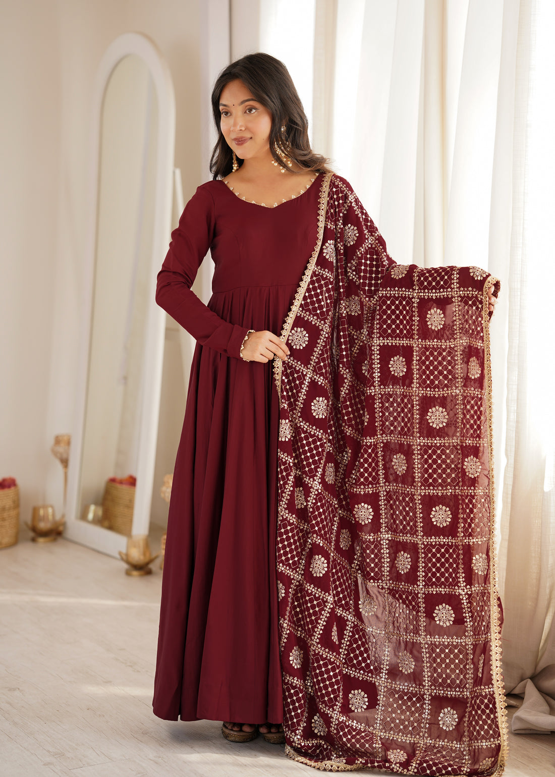 Premium Pure Romansilk Chanderi Fully Flared Anarkali Gown Set