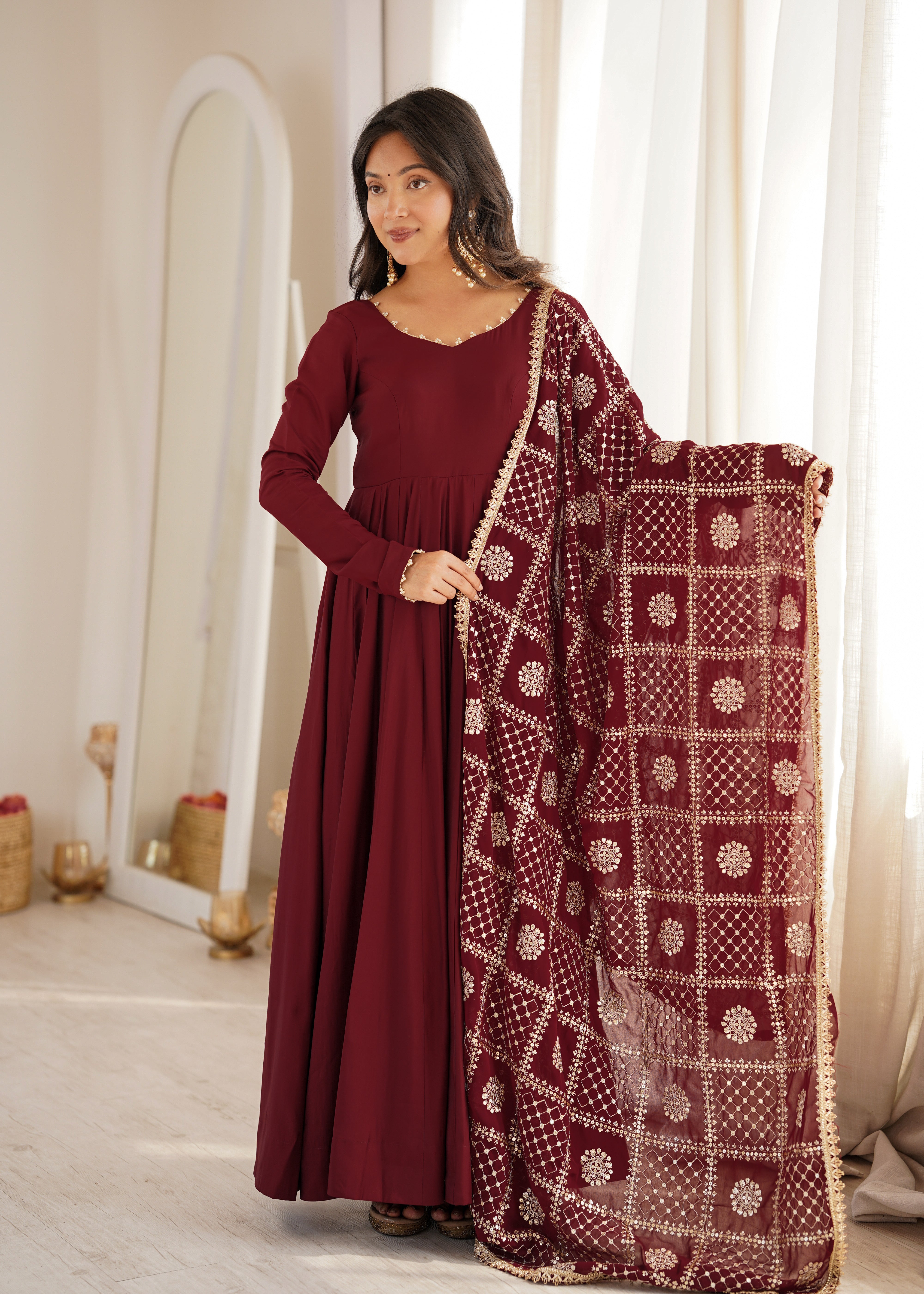 Premium Pure Romansilk Chanderi Fully Flared Anarkali Gown Set