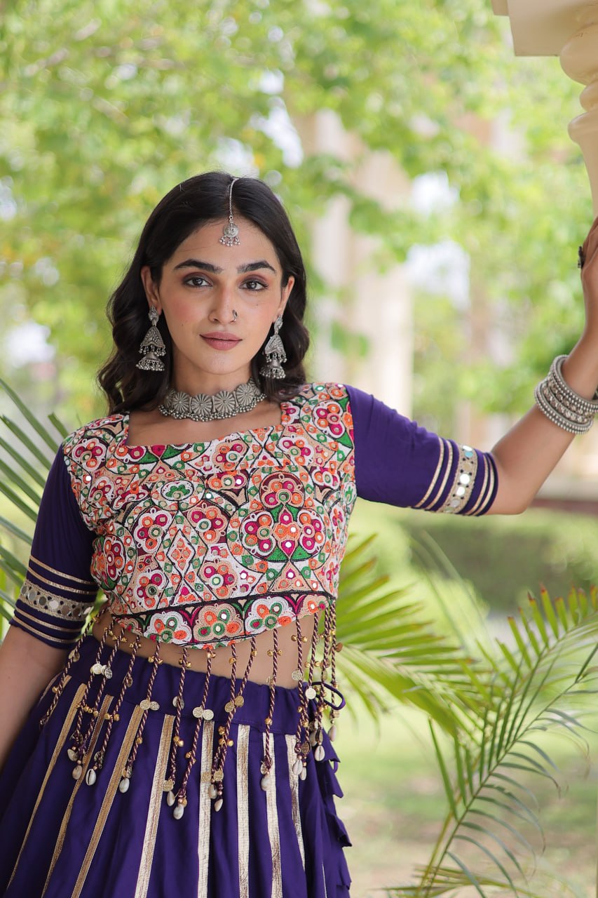 Reyon Navratri Lehenga Choli with Gota Patti Lace, Gamthi Embroidery & Real Mirror Work