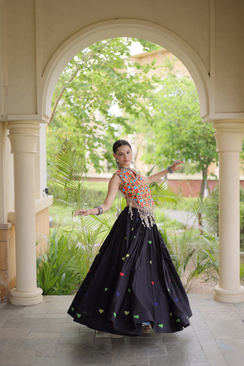 Premium Cora Cotton Navratri Lehenga Choli with Heart Thread Embroidery & Gamthi Mirror Work