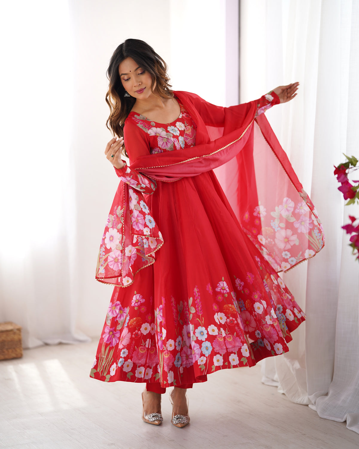 Premium Organza Silk Printed Anarkali Suit Set with Badla Jari & Gota Patti Work
