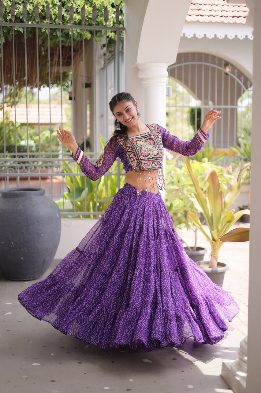 Premium Faux Georgette Bandhani Print Navratri Lehenga Choli with Kutchi Patchwork