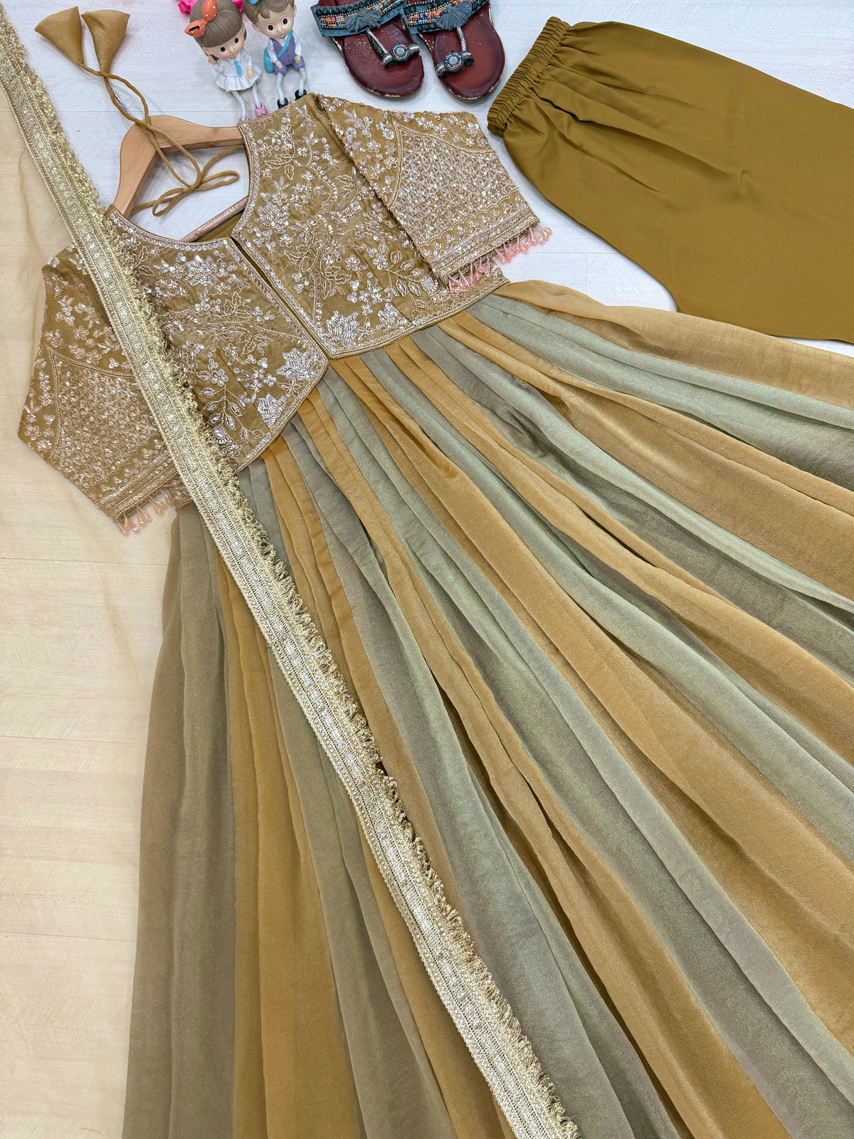 Premium NC Moss Silk Gown with Embroidery, Beads & Tassel Sleeves